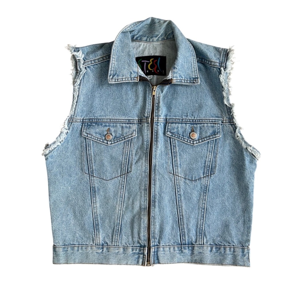 Vintage Steel Jeans Denim Vest 80s Workwear Light Wash Distressed Blue Size M
